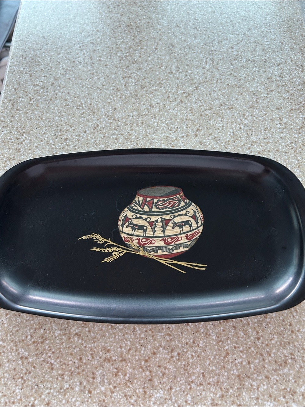Black Decorative Couroc Tray with Hand-inlaid  Southwestern Theme